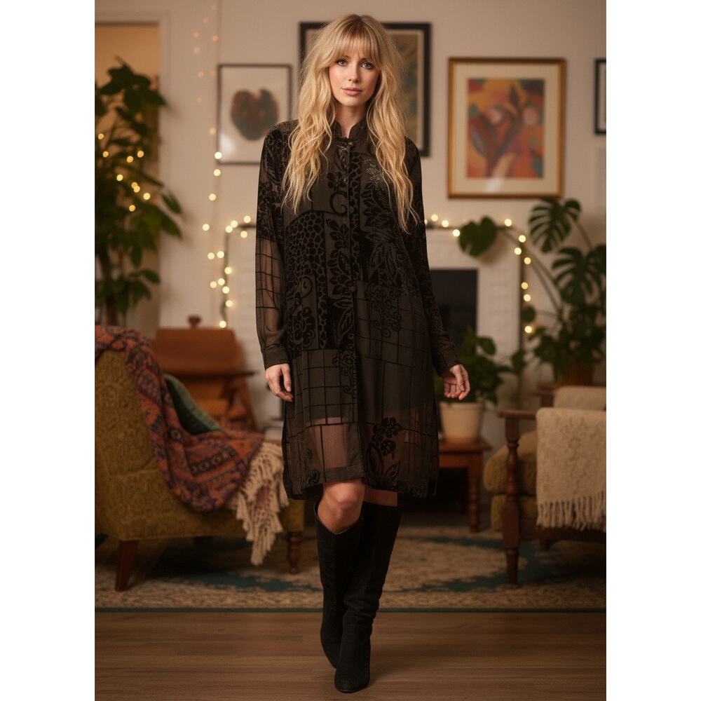 Coldwater Creek Burnout Velvet Duster Blouse Sheer Mocha Floral Y2K - Picture 15 of 15